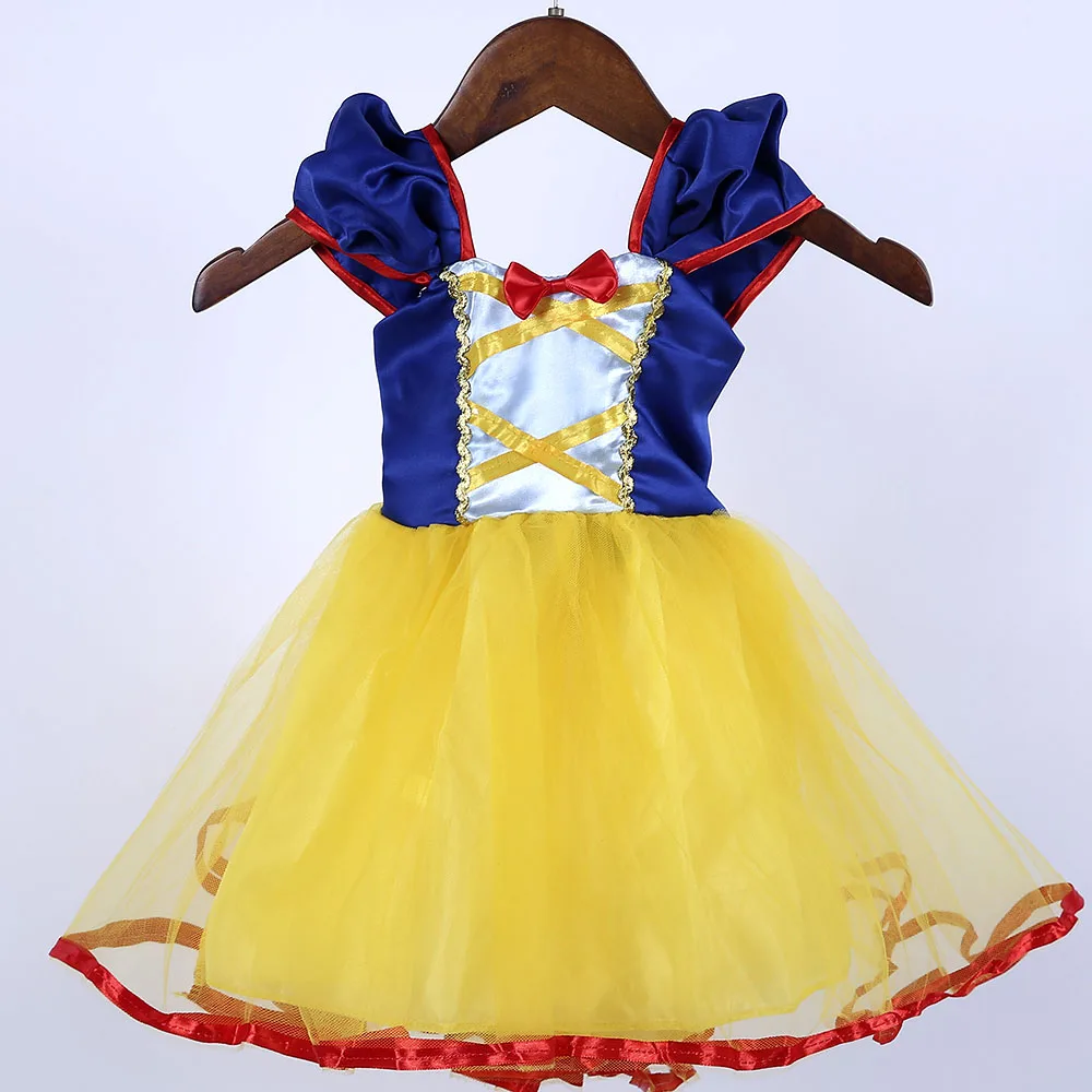 Костюм принцессы Белоснежки для девочек на день рождения; Изящные Вечерние платья желтого цвета с красным бантом для маленьких девочек; одежда на весну-лето