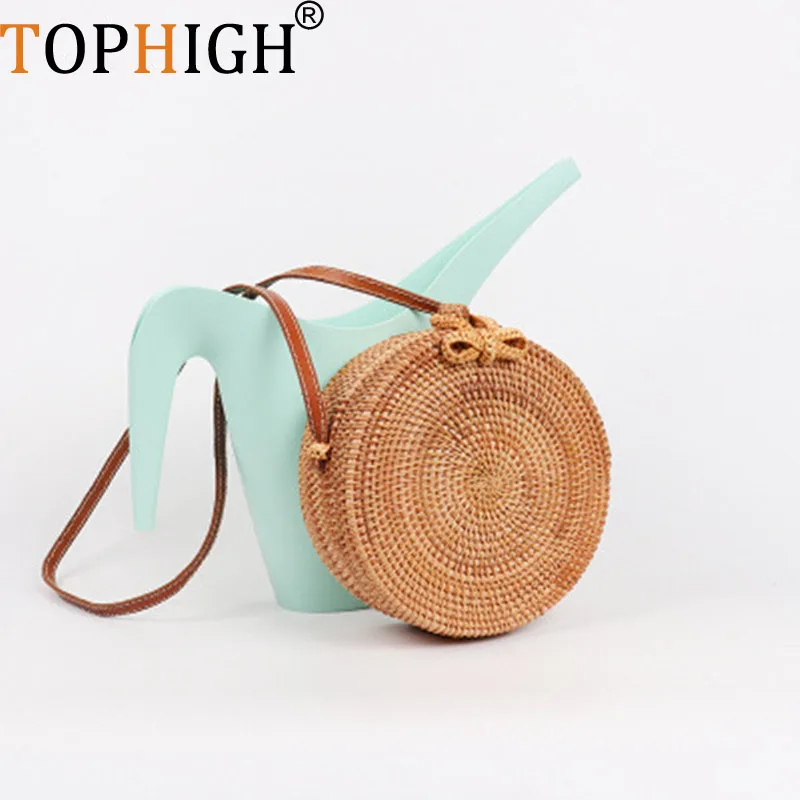 TOPHIGH Vietnam Hand Woven Bag Round Rattan Straw Bags Bohemia Style