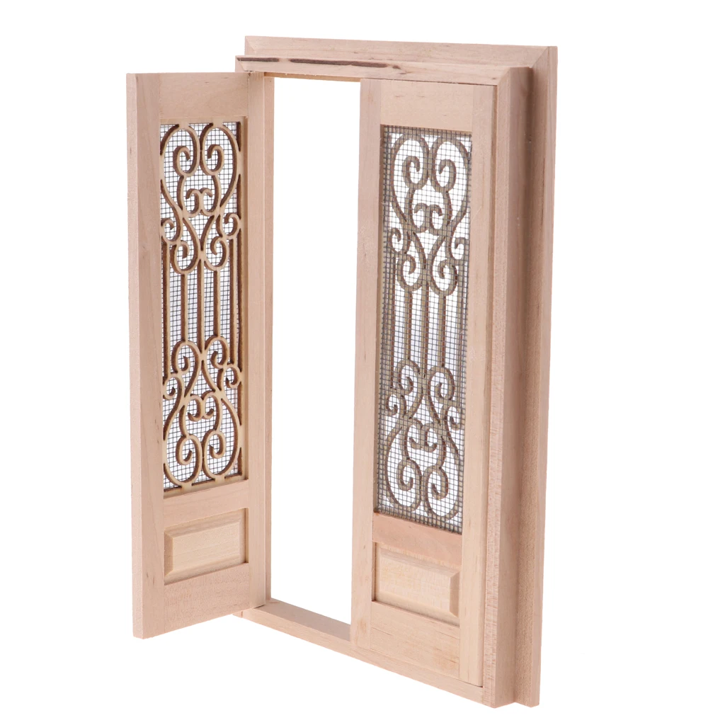 

1/12 Dollhouse Miniature Wooden External Hollow Screen Double Door Unpainted Furniture Rooms DIY Items for Dollhouse Accessory