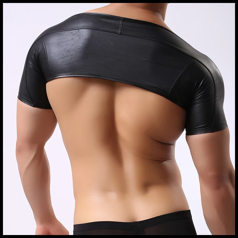 Мужские черные майки/мужские нейлон искусственная кожа Забавный укороченный топ/Гей эластичные широкие плечи нижнее белье
