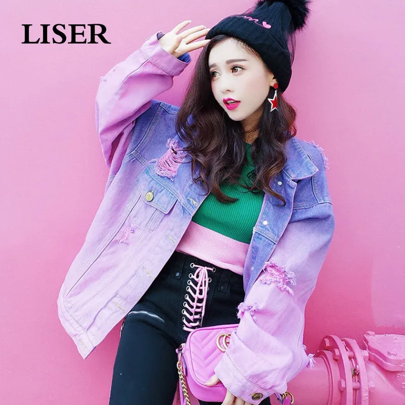 

LISER Denim Jacket for Women Jeans Jacket 2019 Spring Casual Purple Color Matching Coats and Jackets Women