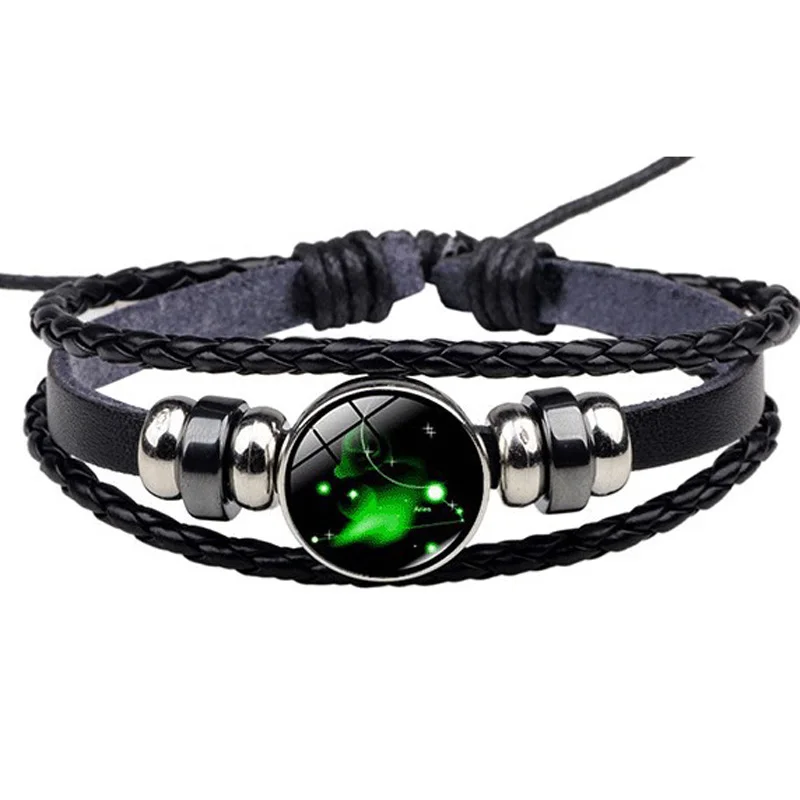 

Original Fashionable Resin Buckles Zodiac Signs Bracelet Punk Leather Bracelet Wooden Bead & Black Hematite Lover Charm Jewelry