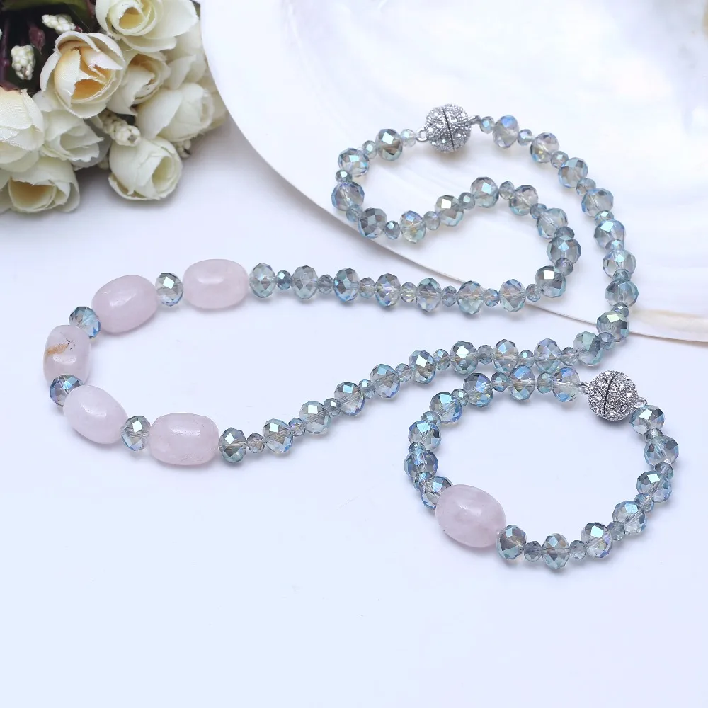 

Lucid blue crystal&natural pink soaprockb with rhinestone bead clasp necklace jewellery women necklace