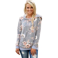 Printed Floral Hoodies Women 2017 Autumn Winter New Fashion Casual Gray Hooded Sweatshirt Female Long Sleeve