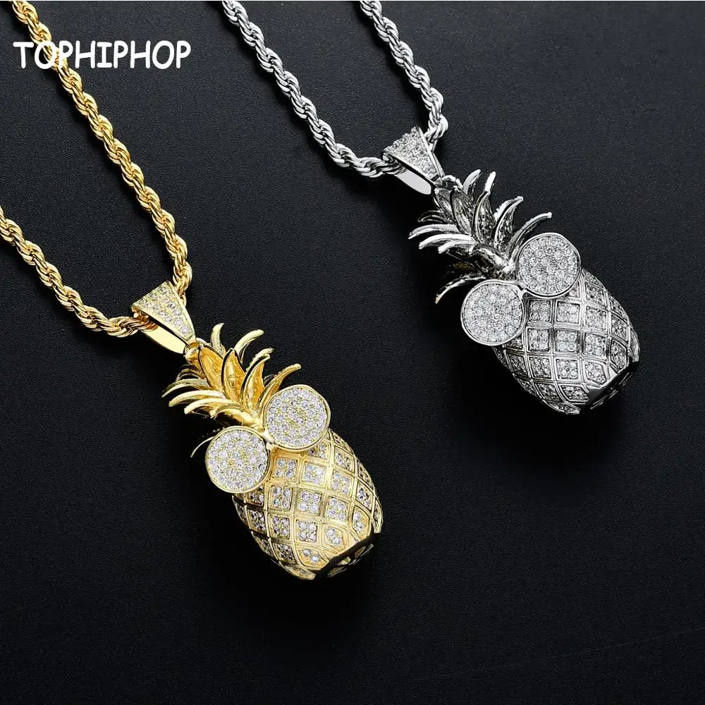 

Fashion 3D Effect Fruit Pineapple Pendant Rope Chain Necklace Collar Iced Out CZ Stone Pendant Hip Hop Jewelry Bijouterie Homme
