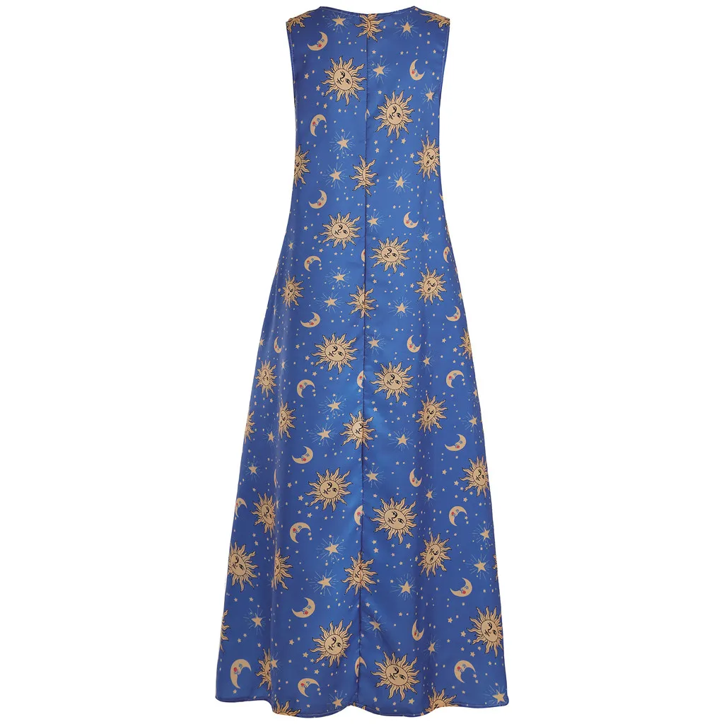 Платье для девочек для женщин; Большие размеры длинное платье Защита от солнца с изображением ясного звездного из набивной ткани, с Винтаж в богемном стиле Maxi Dress Vestidos d716