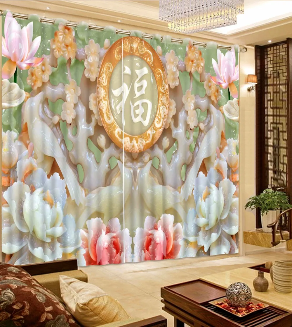 

Luxury Chinese Curtain Blackout Polyester Photo Curtains Living room jade flower Drapes Window Decoration 3D Curtain