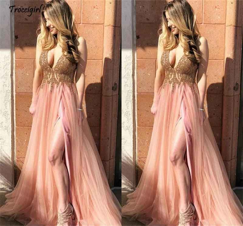 

Charming Deep V-Neck A-Line Prom Dresses With Side Slit Gold Beaded Sleeveless Luxury Formal Party Gowns 2019 robe soiree