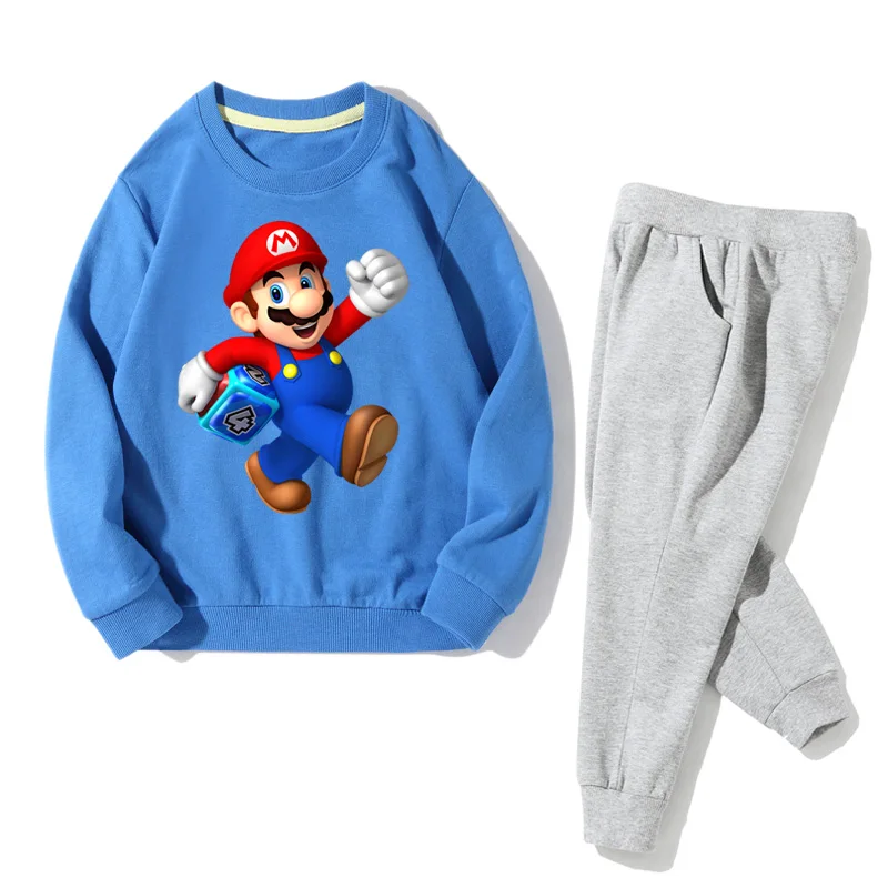 Детские комплекты одежды с героями мультфильмов «Марио» осенние спортивные костюмы для больших мальчиков и девочек, Весенняя уличная одежда, костюмы комплект из 2 предметов: куртка+ штаны JZ048 - Цвет: Blue Set