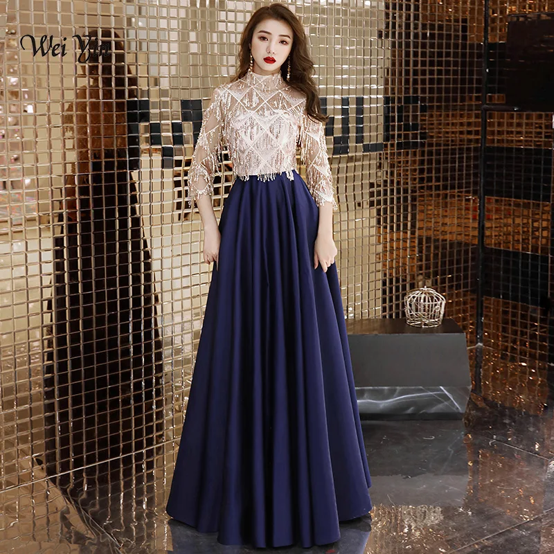 Темно-синие блестки с коротким рукавом Вечерние платья с высоким вырезом Роскошный арабский официальный Вечерний платья выпускное платье