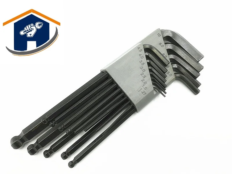 

HS Tools 13PC Long Arm Universal Hex Key Wrench Set Black Coating CR-V Material 1.27-10mm Metric/SAE Ball End L-Key Set