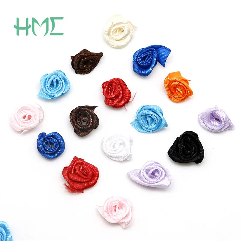 

50pcs/lot DIY Satin Ribbon Roses Flower Appliques Scrapbooking Sewing For Handmade Small Wedding Valentine's Party Craft 15mm