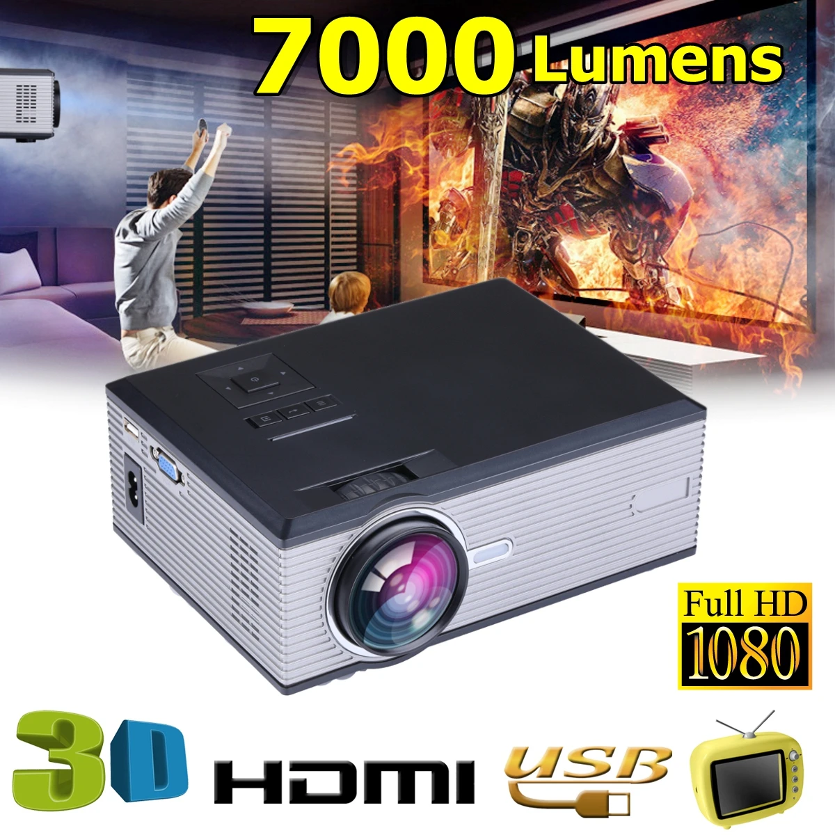 1080P LED Video Projector for Home Theater7000Lumensupport Full HD Mini projector HD/USB/SD/AV/VGA HOME CINEMA