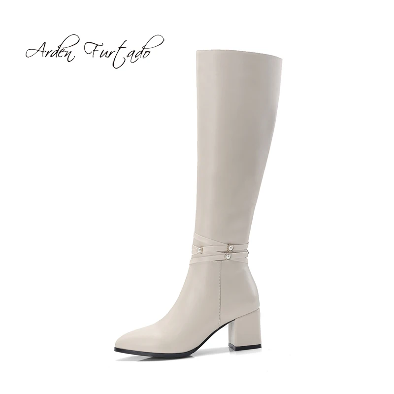 

Arden Furtado 2018 winter chunky heels genuine leather fashion knee high boots pointed toe zipper size 33 40 pleated white boots