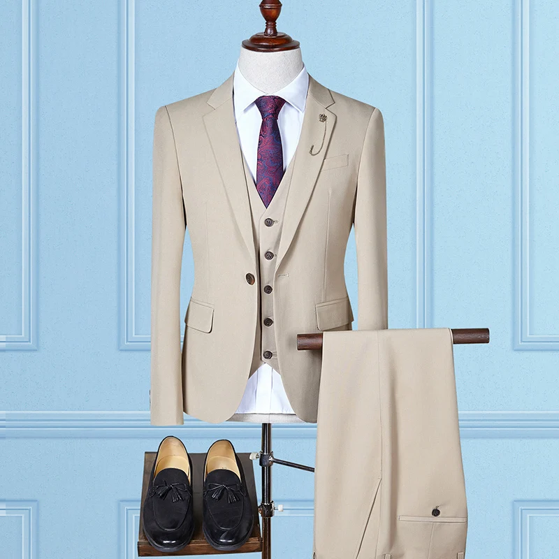  3 Piece Jacket+Pants+vest  Khaki Tuxedo Mens Business Suits Classic Mens Formal Suit Wedding Party Groomsmen Slim Fit