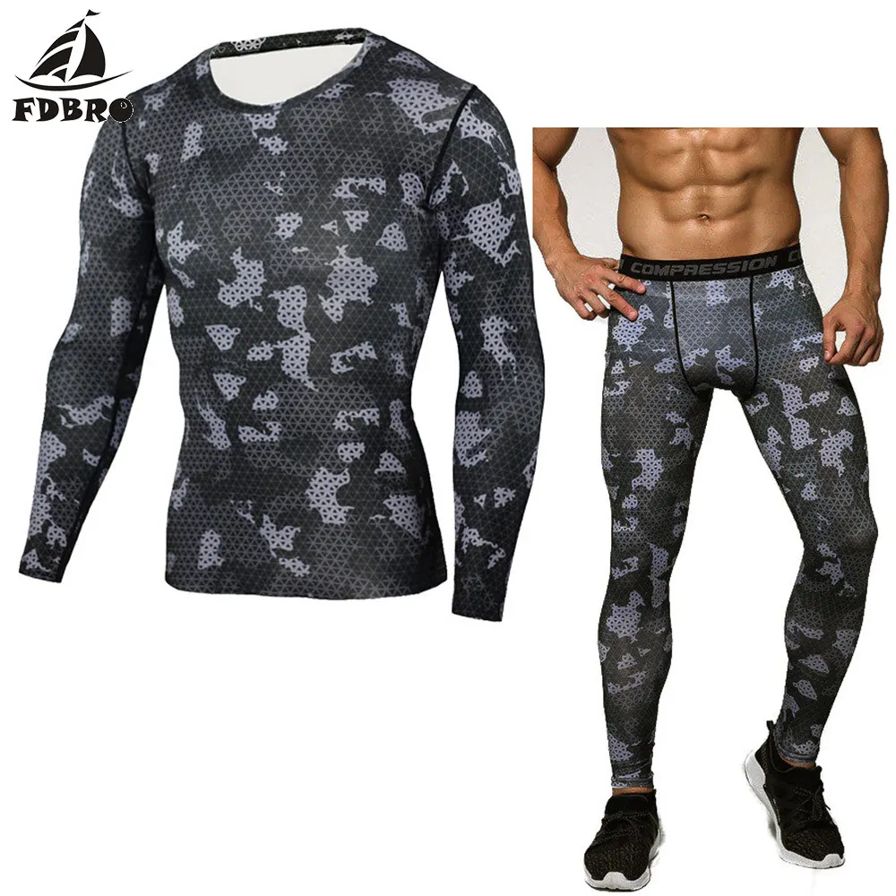 

FDBRO Tracksuit Men Compression MMA Long Sleeve Shirt Rashgard Kit Camouflage Sweatshirt and Leggings Fitness Thermal Underwear