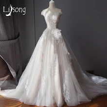 Off Shoulder A-line Chapel Train Wedding Dresses Long vestido de noiva Illusion Bridal Formal Dress Fabulous Brides Wedding Gown