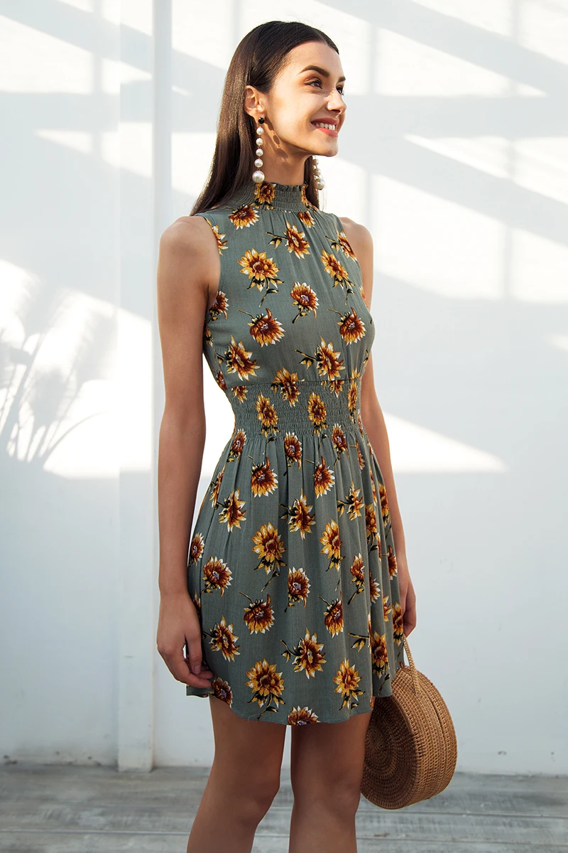 Женское мини-платье Simplee с цветочным принтом, короткое платье с эластичной талией без рукавов, пляжный сарафан бохо