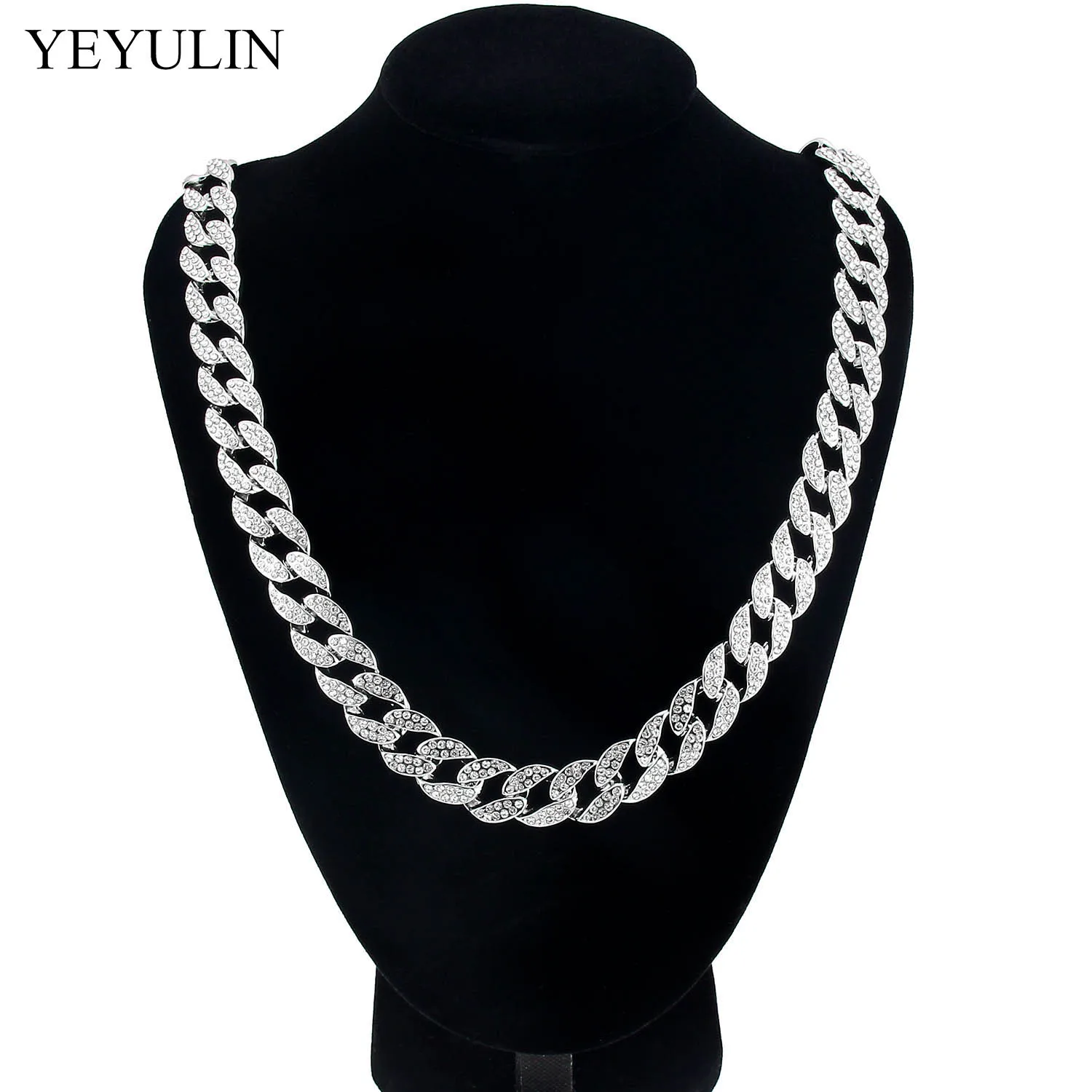 

Hip Hop Curb Cuban Link Bling Chain Necklace With Silver Plated Golden Color Crystal Trendy Jewelry Gift For Men Women Wedding