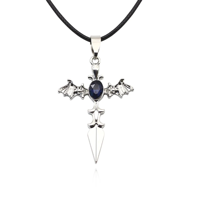 Fashion-Men-Jewelry-Cross-Pendant-Blue-Crystal-Angel-Devil-Wings-Necklaces-Pendants-Metal-Leather-Chain-Necklace