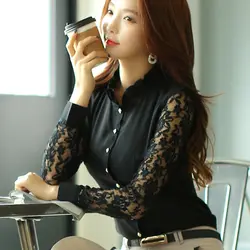 Корейский полые рубашка Для женщин с длинным рукавом кружева сетки женская одежда прозрачный модный топ Для женщин s облегающие Блузы для
