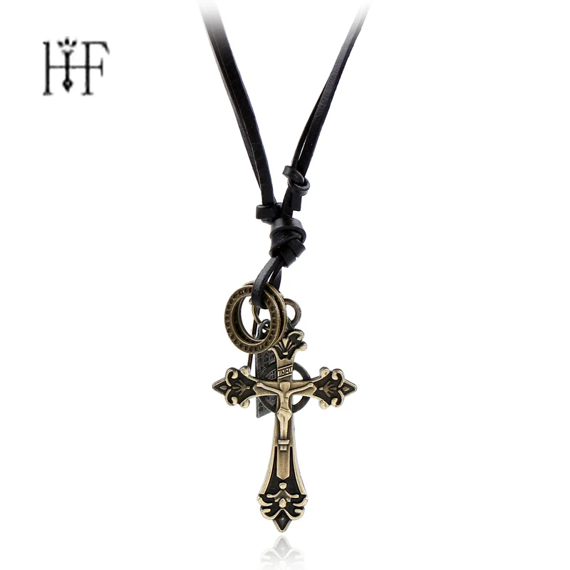 Genuine Leather Men Necklaces Cross Pendants Punk Vintage Adjustable