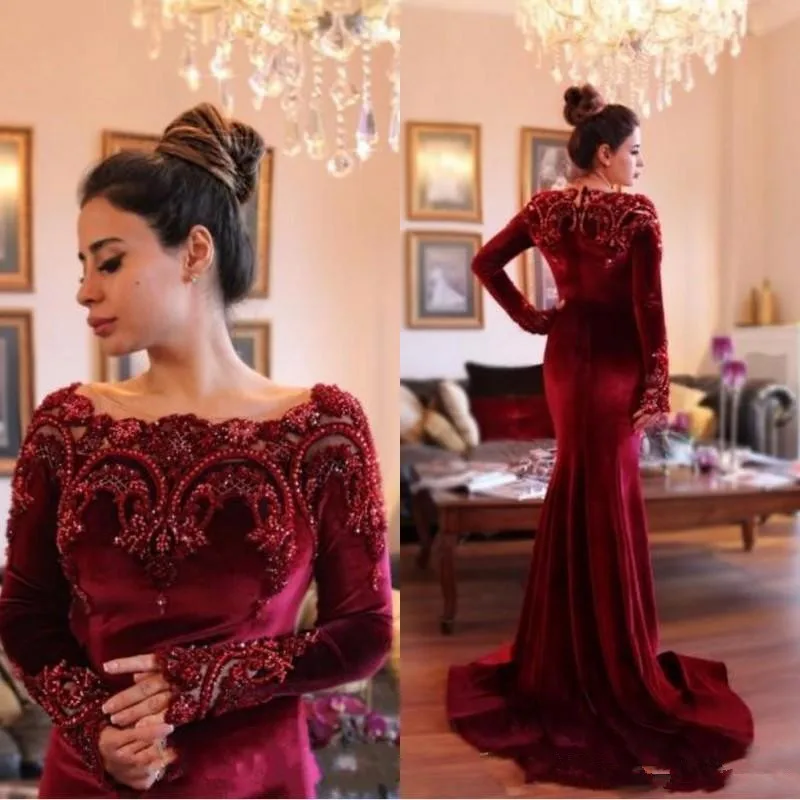 Burgundy Muslim Evening Dresses 2019 Mermaid Long Sleeves Velvet Lace Pearls Islamic Dubai Saudi Arabic Long Evening Gown Prom Burgundy Muslim Evening Dresses 2019 Mermaid Long Sleeves Velvet Lace Pearls Islamic Dubai Saudi Arabic Long Evening Gown Prom