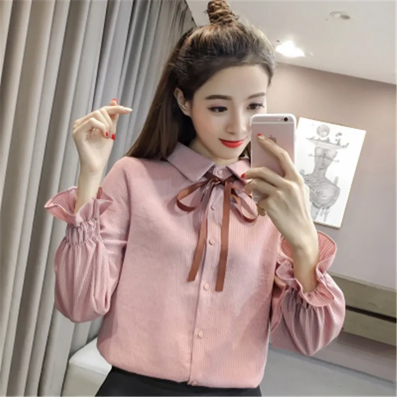 

New bow tie polo collar long sleeve shirt shirt women loose bottom casual shirt