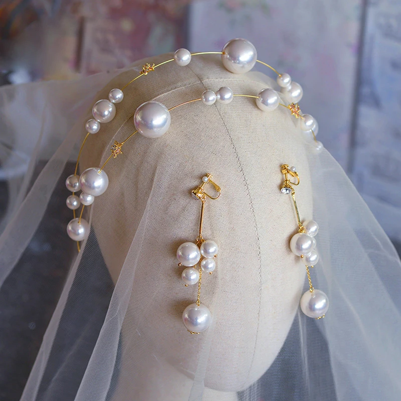 Мягкий Европейский жемчуг повязка на голову для невесты с серьгой Свадебная Корона-Тиара набор свадебные аксессуары для волос Выпускной головной убор