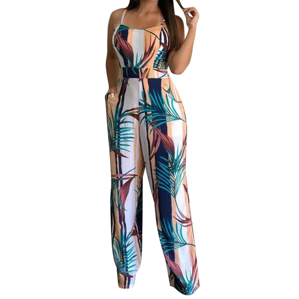 

2019 Overalls for women Sleeveless Leaf Print Off Shoulder Sling Jumpsuit Casual Clubwear Wide Leg Playsuit Women's overalls