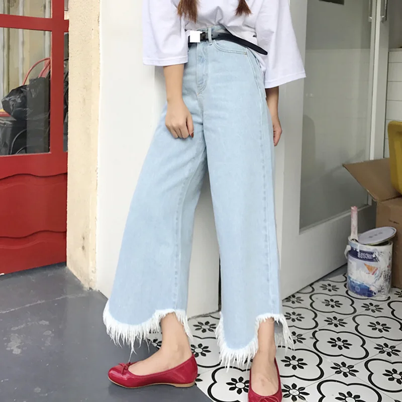 

[sooyour] 2017 Korean New Pattern Fashion Personality Empire Waist Solid Color Irregular Wide Leg Jeans Casual Woman L22205
