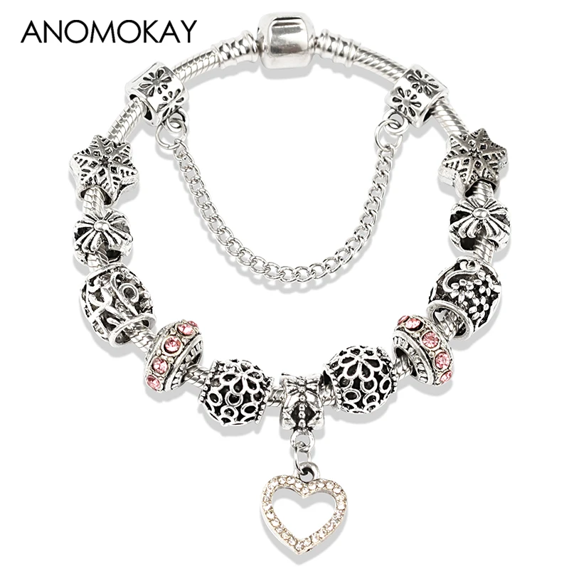 

2019 Hot Classic Silver Color Flower Charm Pandora Bracelet Romantic Pink Crystal Diy Bead Bracelets & Bangles for Women Girl