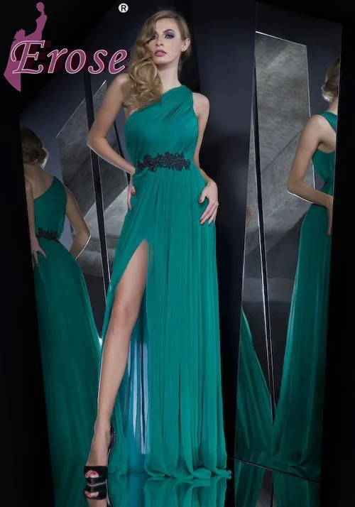 ADE-089 Free Shipping A-line High Side Slit Wholesale Chiffon One Shoulder Green Emerald Evening Dress 2015 Vestidos | Свадьбы и