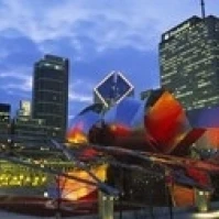 Low angle view of buildings lit up at night  Millennium Park  Chicago  Illinois  USA Poster Print (18 x 7)
