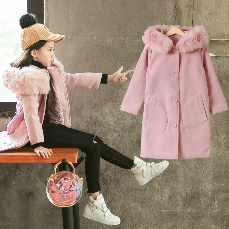 

Girls wool coat Thickening Large Fur Collar Coat Jacket For Clothing Tops Kids children's Windbreakers jacket Outerwear clothes