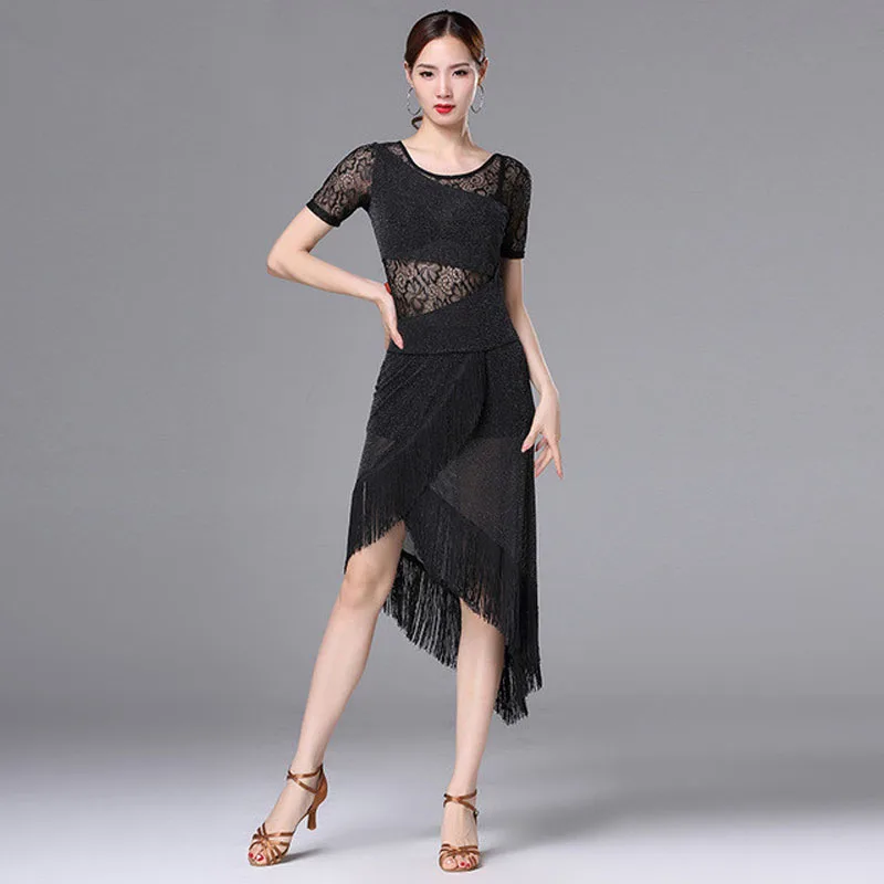 

New Women Lace Stitching Silk Fringed Dress Latin Dance Suit Performance Latin Dance Suit