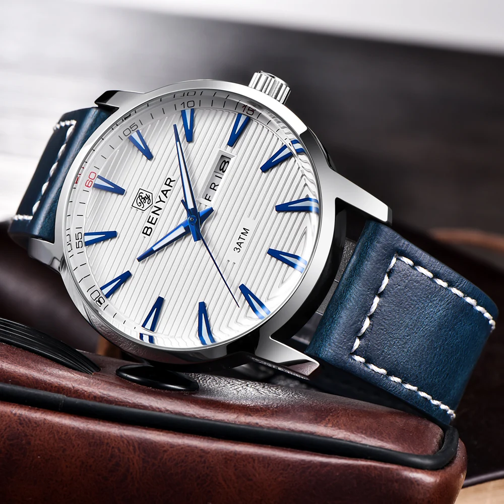 BENYAR 2018 New Men Watch Luxury Top Brand Automatic Week Date Military Fashion Male Quartz Leather