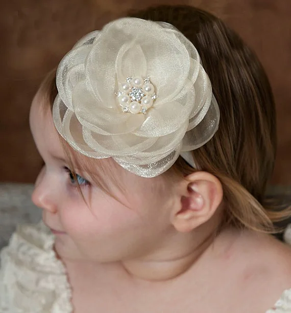 

Free shipping Pearls & crystal center rolled flower baby girls headbands Children's floral hairbands hair accessories headwear