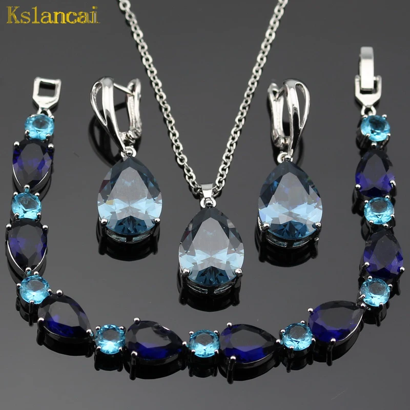 

Lan Hot-Selling Choker Stone Blue AAA Zircon Sliver Color Jewelry Sets Necklace&Pendant /Earrings /Charm Bracelet For Women