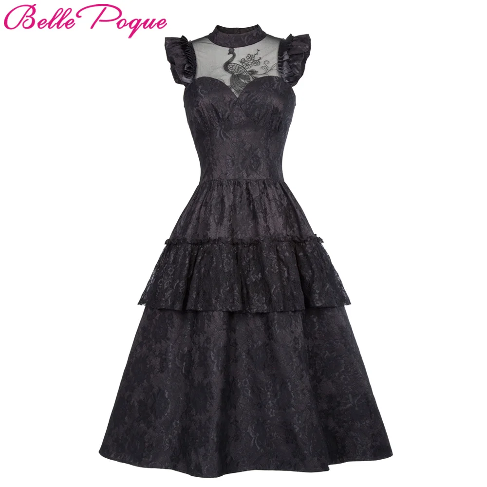 

Belle Poque Retro Black Steampunk Gothic Dress 2018 Ruffle High-Neck Lace Up Women Summer Swing Vintage Victorian Punk Dresses