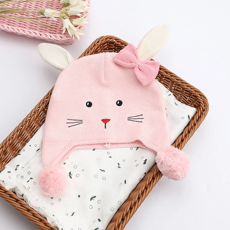 Beanie Kid Girl Winter Hat Autumn Knit Warm Pink Rabbit Cap Casual Outdoor Skiing Baby Accessory (4)
