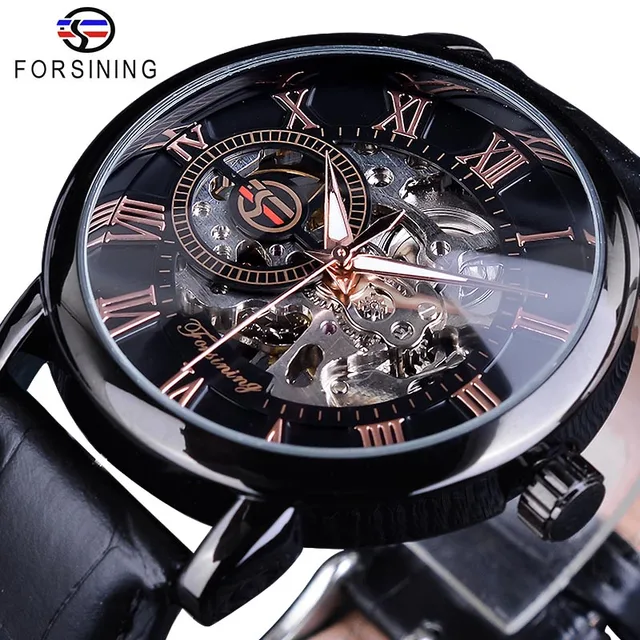 forsining 3d logo design hollow engraving black gold case leather skeleton mechanical watches men luxury brand heren horloge