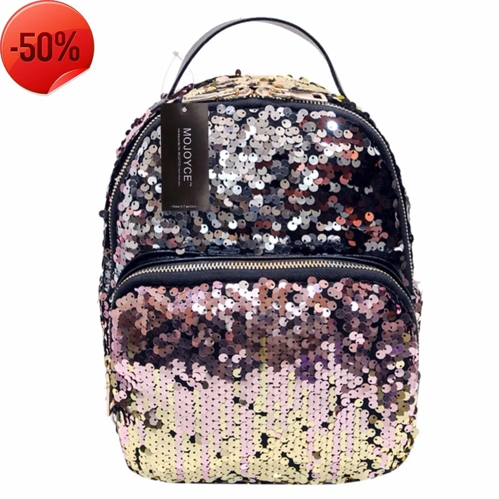 

HTNBO New Arrival Women All-match Bag PU Leather Sequins Backpack Girls Small Travel Princess Bling Backpacks A6