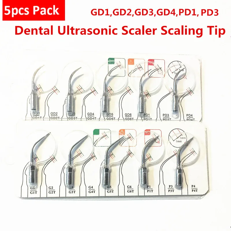 

5Pcs Dental Ultrasonic Scaler Tips GD1 GD2 GD3 GD4 PD1 PD3 Dental Ultrasonic Supragingival Scaling Tip fit DTE SATELEC