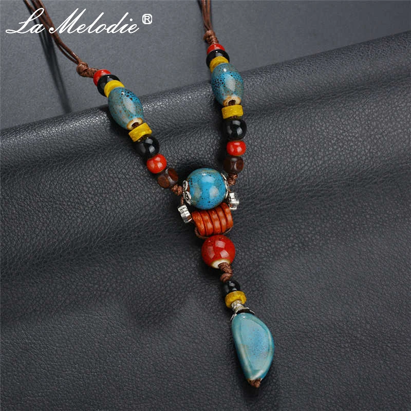 

New Bohemia Colorful Leopard Print Ceramics Beads Tassel Pendants Sweater Chain Adjustable Necklace For Women Ethnic Jewelry