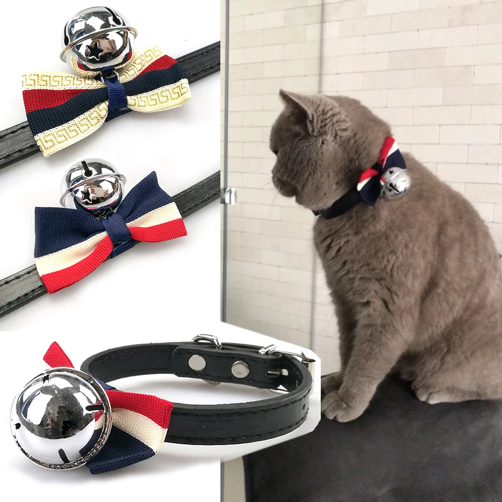 

Leather Pet Cat Collar for Small Dogs Bowknot Collars with Bell Cat Necklace for Puppy Kitten Adjustable Pet Collars Pug MP0013