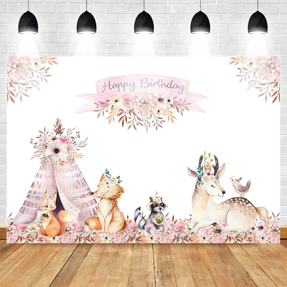 

Woodland Birthday Backdrop Boho Teepee Tribal Pink Flowers Decorate Background Animal Birthday Party Backdrops Photography