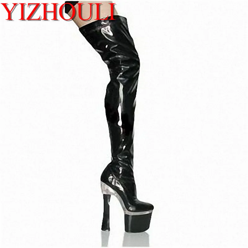 

18cm ultra high heels boots platform leather 7 inch over the knee boots plus big size thigh high boots for women