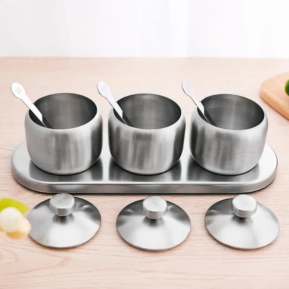 

NEW 3Pcs Stainless Steel Spice Jars Seasoning Box Condiment Pot Salt Pepper Shaker Kitchen Utensils Supplies