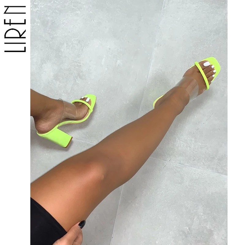 

Liren 2019 Concise PU Ladies Slippers Transparent Open Toe Block High Heels Fashion Ladies Mules Party Slides Shoes Size 35-42